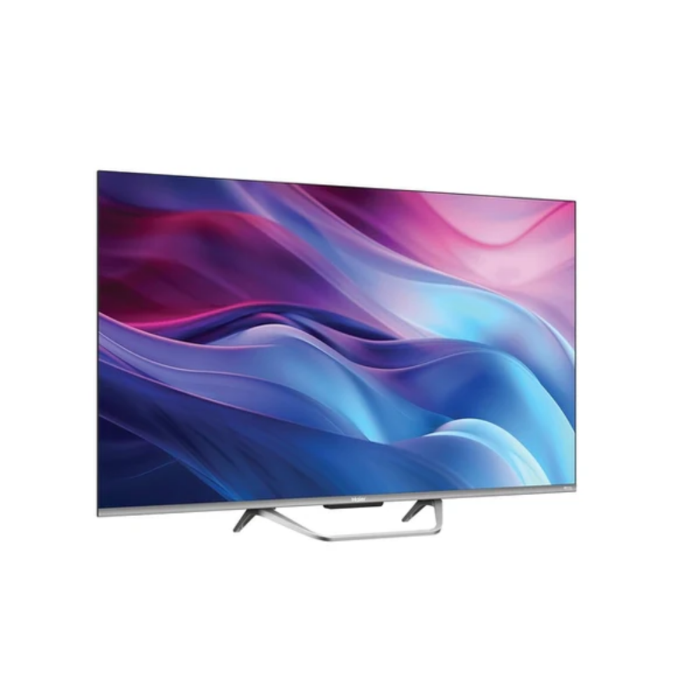 Un televisor moderno de pantalla plana que muestra un fondo abstracto y colorido.