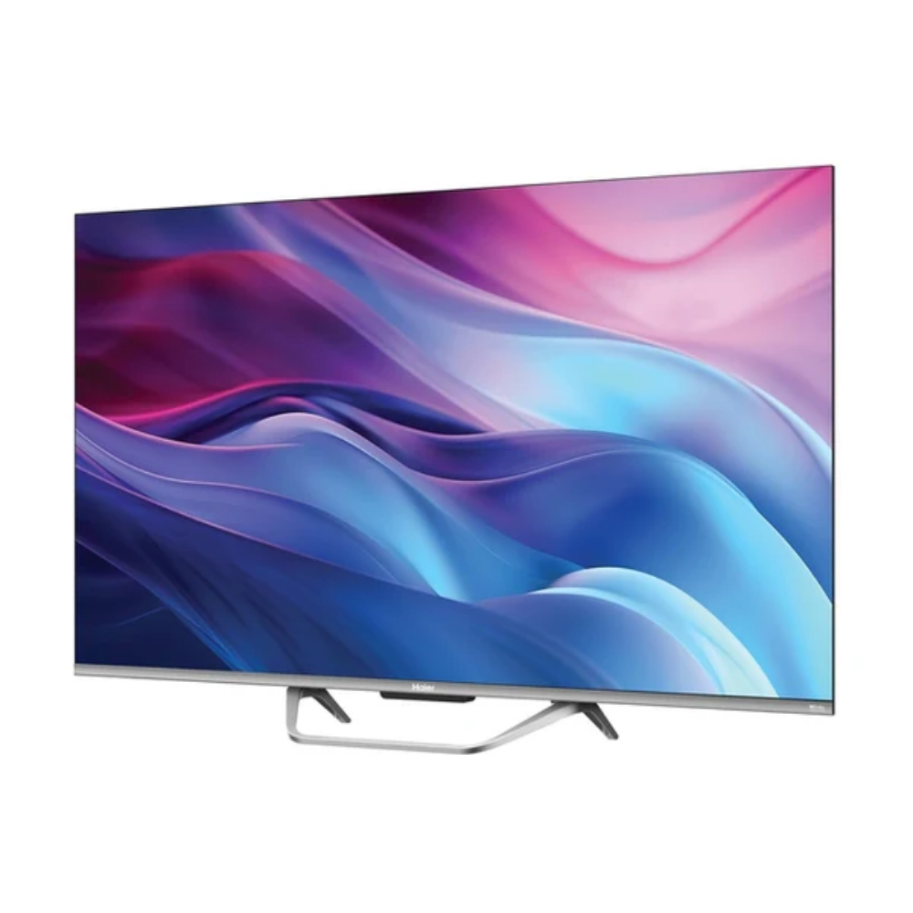 Un televisor moderno que muestra un salvapantallas abstracto y vibrante en tonos azules y morados.