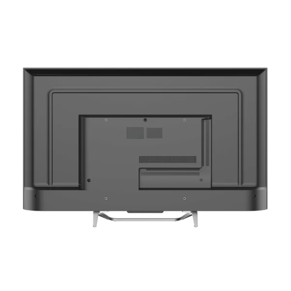 Parte trasera de un televisor negro con soporte plateado.