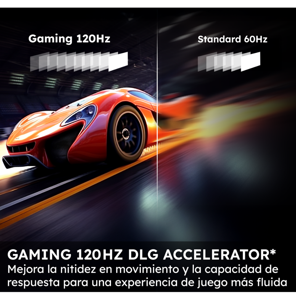 Un coche de carreras rojo en una pista, lado izquierdo 120Hz, lado derecho 60Hz.