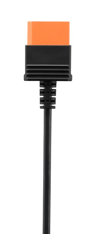Czarny kabel z pomarańczowym złączem na górze.