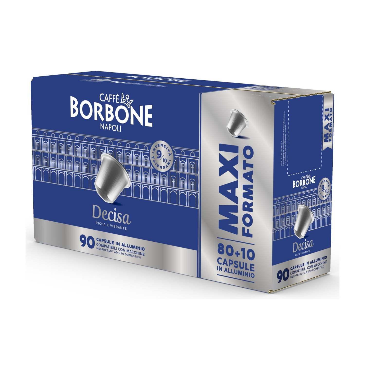 Una scatola da 90 capsule caffè Borbone Decisa, formato maxi, alluminio.