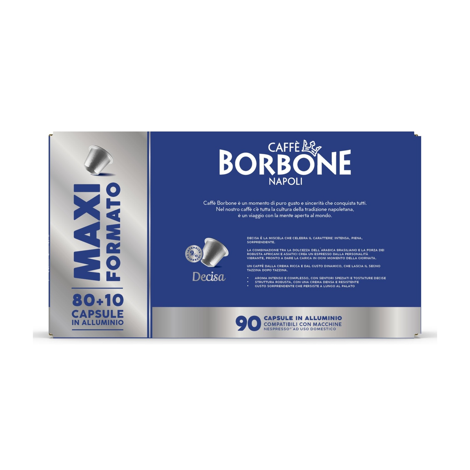 Confezione da 90 capsule caffè in alluminio, marca Caffè Borbone, formato Maxi.