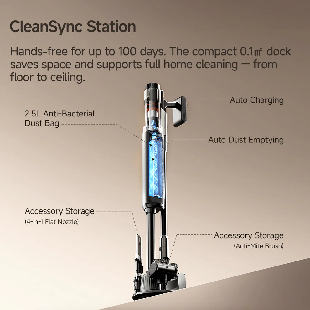 CleanSync Állomás porszívóval. Automatikus töltés, porürítés és tartozéktárolás funkciókkal.