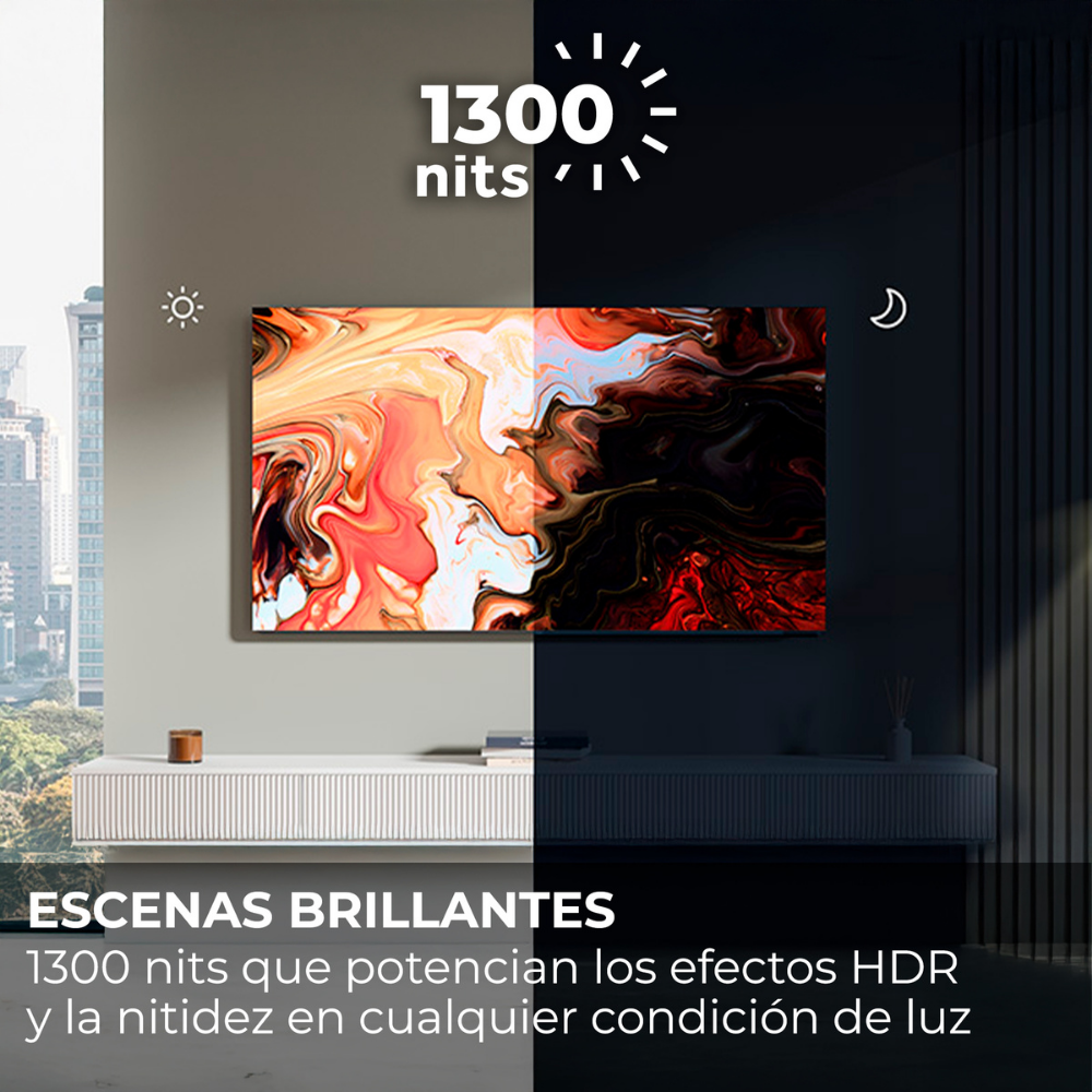 Pantalla de TV muestra arte abstracto, 1300 nits, escenas día/noche.