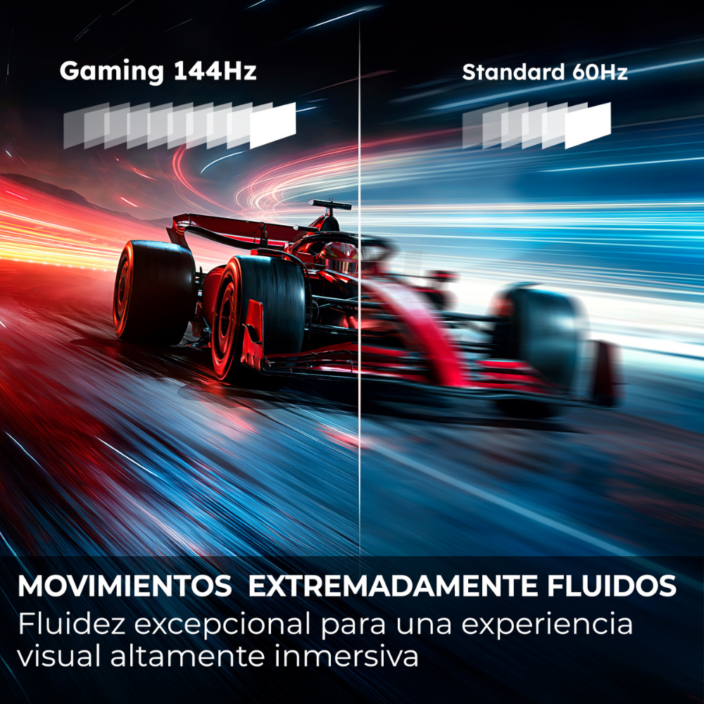 Coche F1 a 144Hz vs 60Hz: Movimiento fluido izquierda, borroso derecha.
