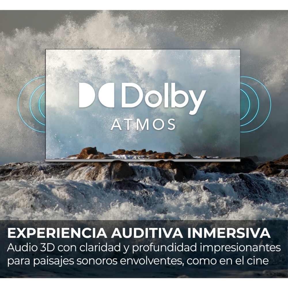 Logo de Dolby Atmos sobre un paisaje marino tormentoso con olas.