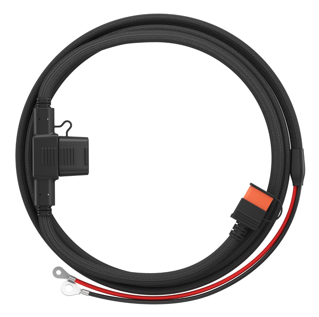 Czarny kabel z uchwytem bezpiecznika, pomarańczowo-czarnym złączem i pierścieniowymi końcówkami.