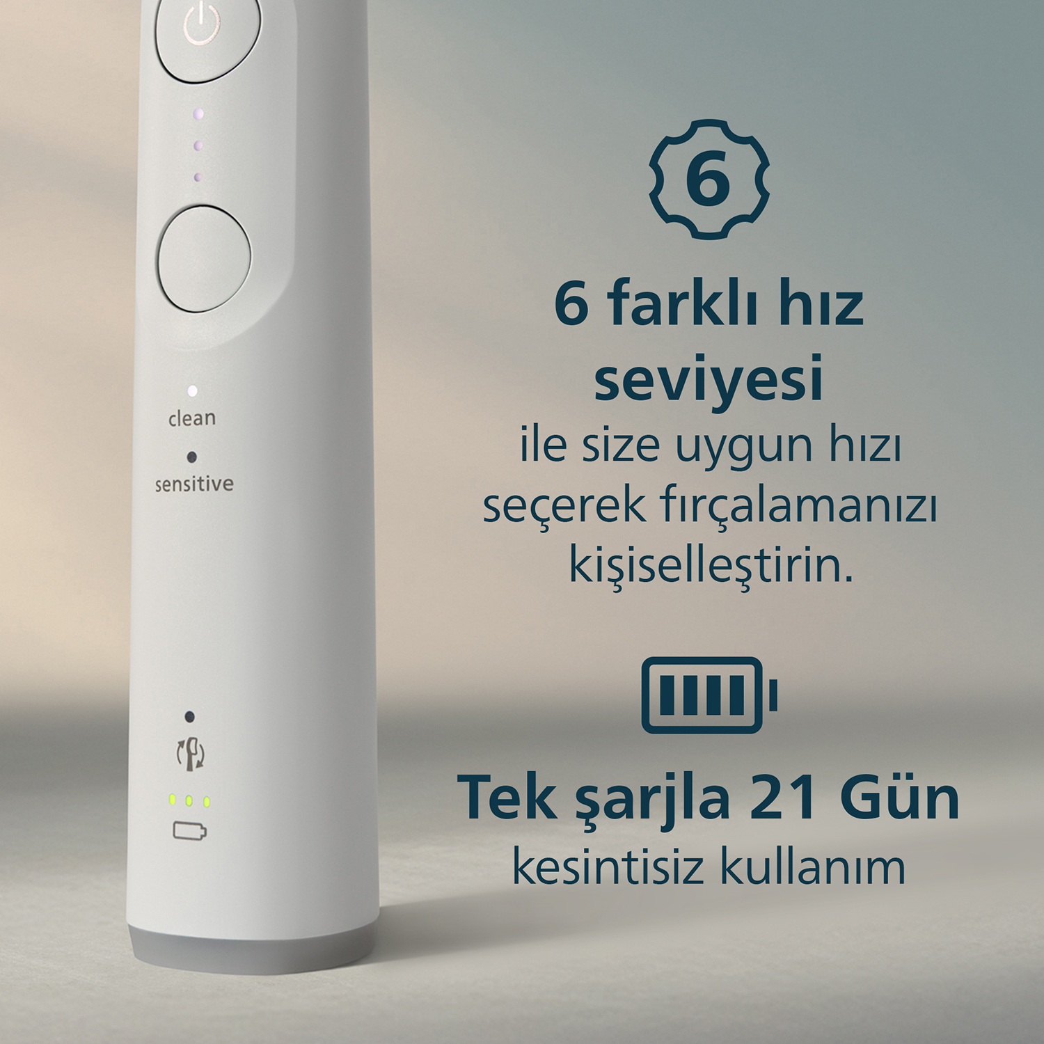 6 hız ayarlı, 21 gün kullanım süreli elektrikli diş fırçası.
