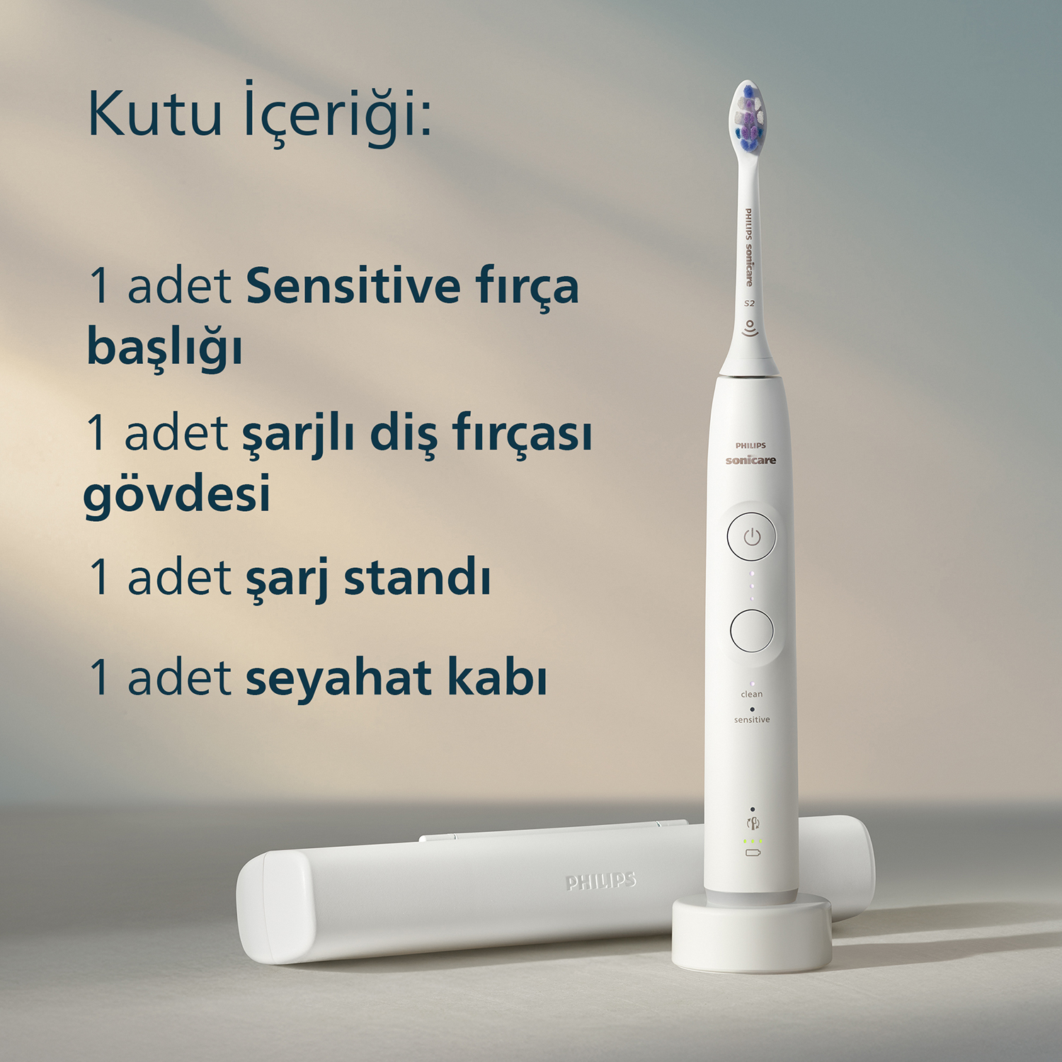 Beyaz Philips Sonicare elektrikli diş fırçası seti, şarj cihazı ve seyahat çantası.