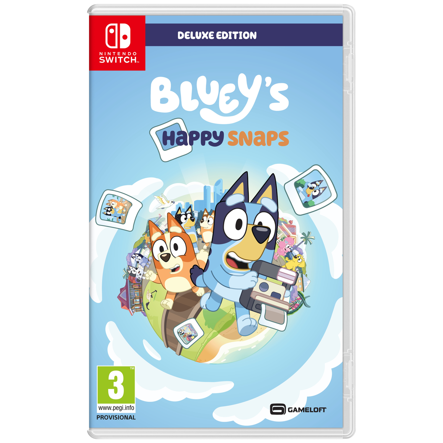 Nintendo Switch-spelhoes: Bluey's Happy Snaps Deluxe Edition. Personages Bluey en Bingo met camera.
