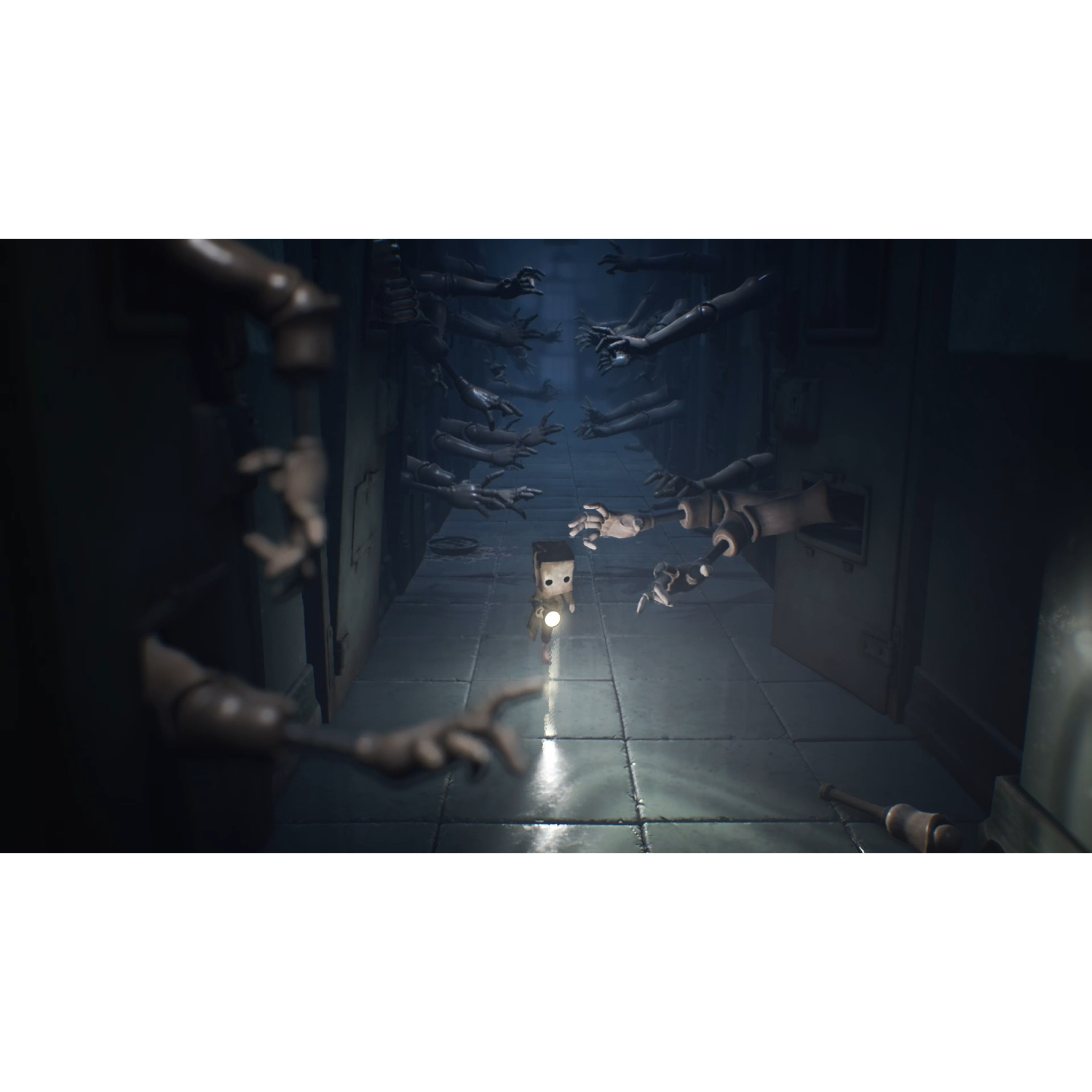 A child with a lamp in a dark hallway, surrounded by many arms.