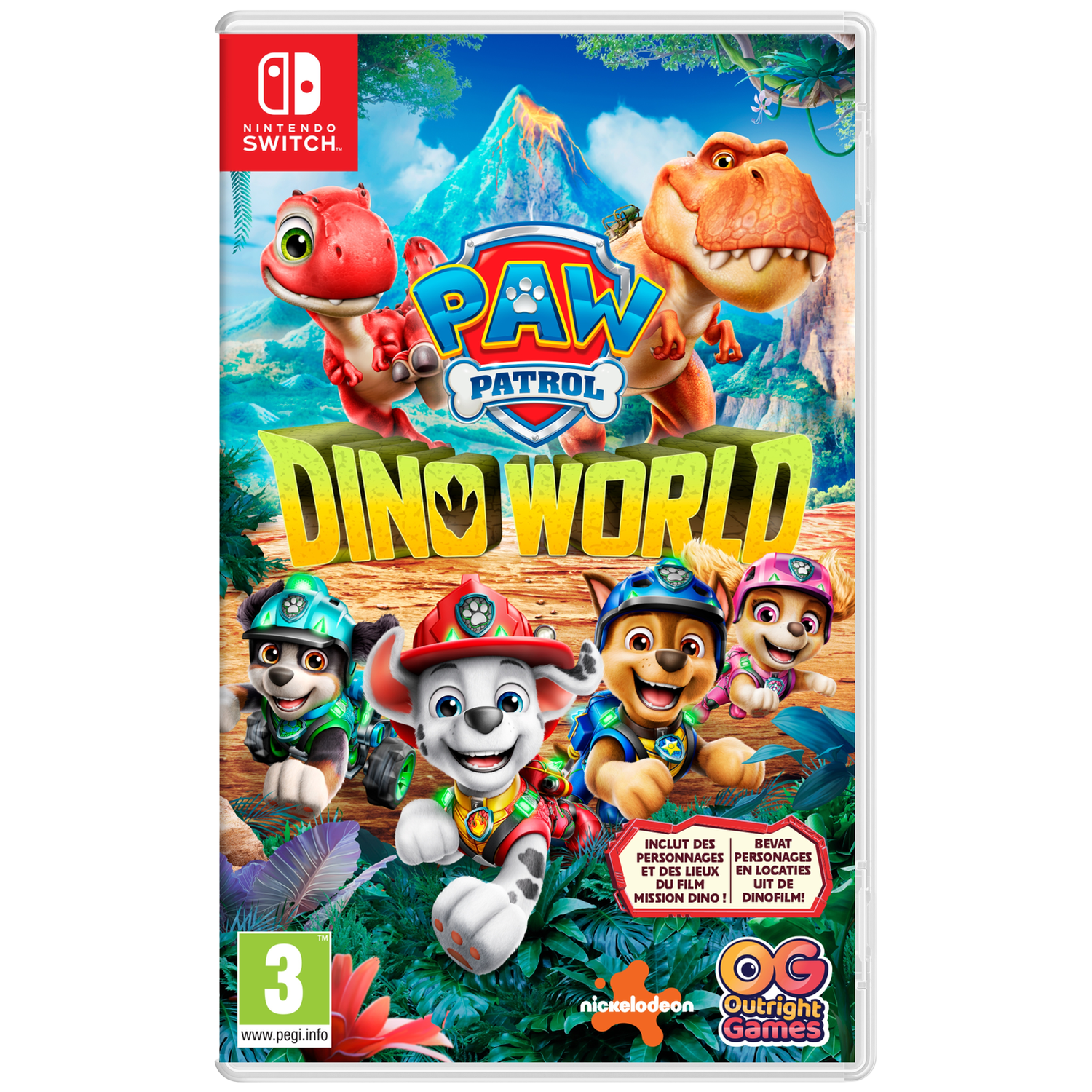Paw Patrol Dino World Nintendo Switch spelcover met schattige dinosaurussen en honden.