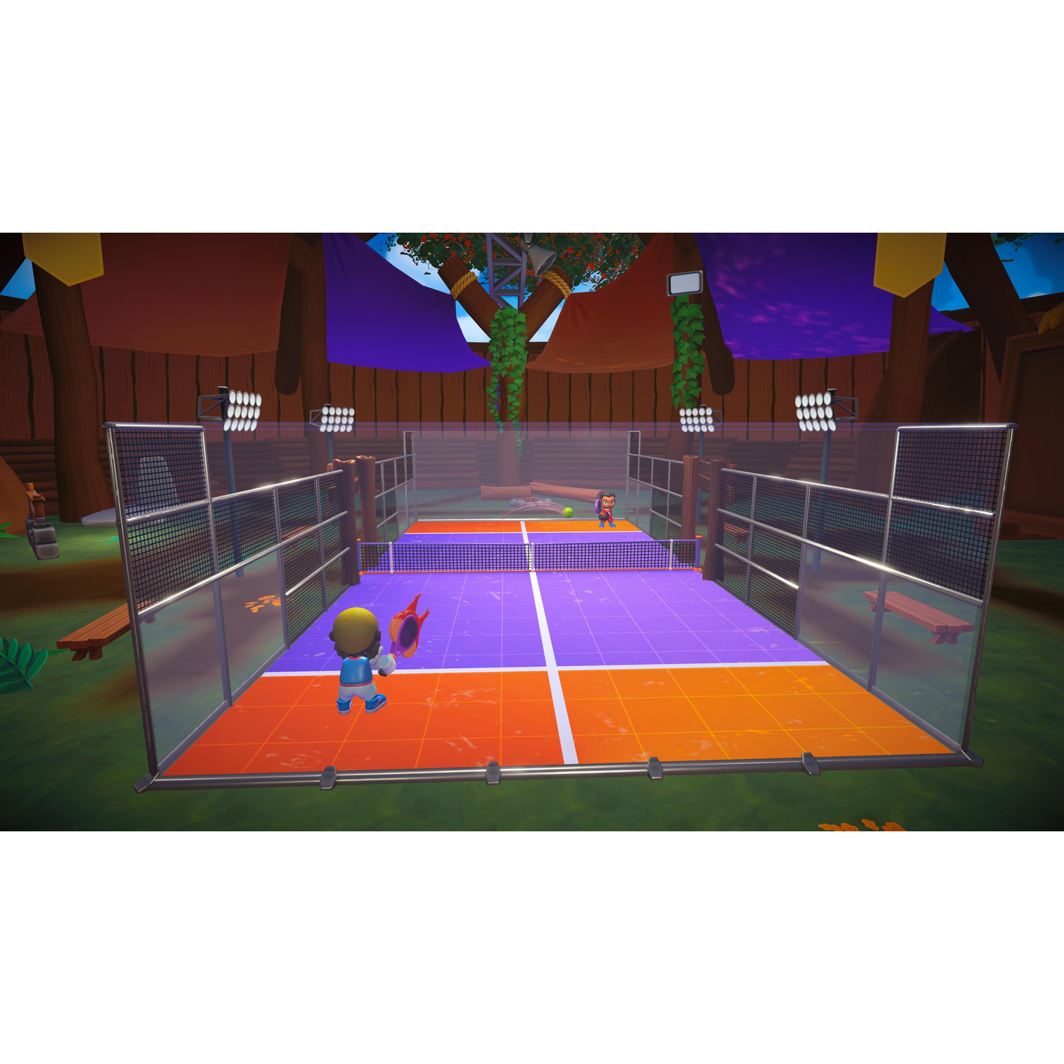 Kartonnen tennisbaan met paarse en oranje banen, spelers en lichten.