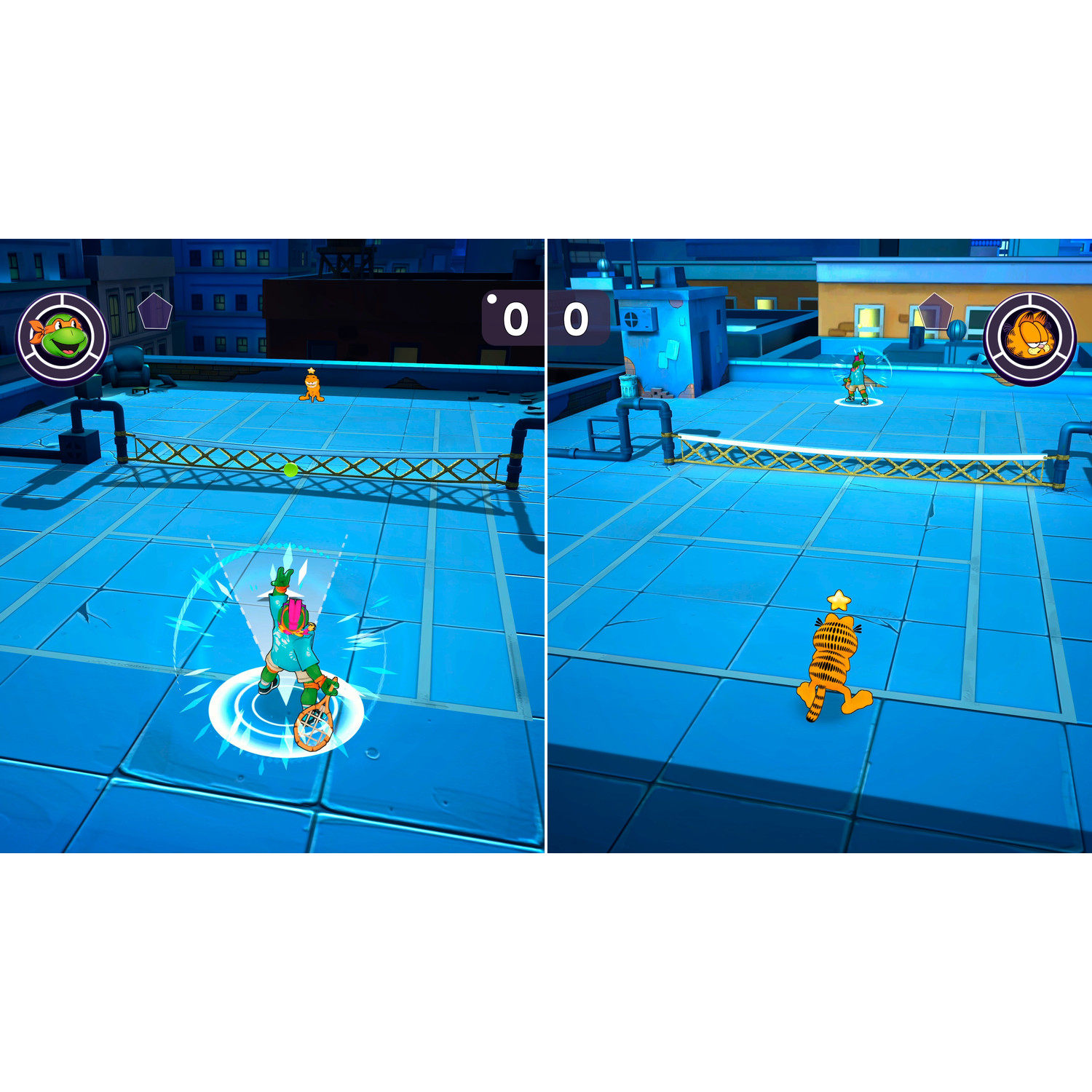 Een videogamescherm toont Teenage Mutant Ninja Turtles en Garfield op een dak.