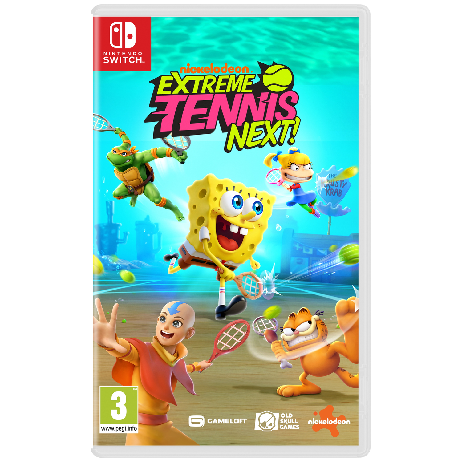 Nintendo Switch game cover met Spongebob, TMNT, Aang en Garfield die tennis spelen.