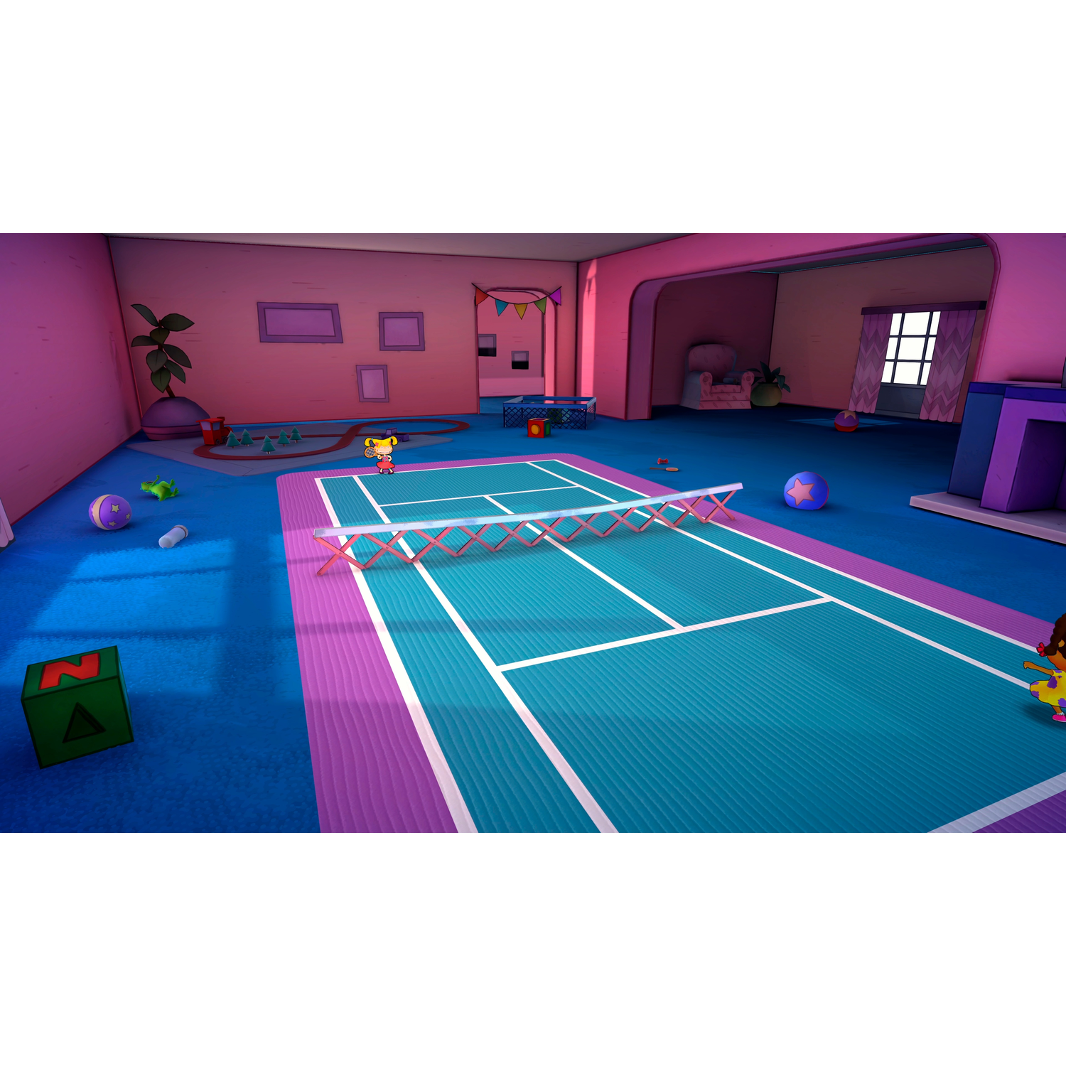 Een speelkamer met blauw tapijt, tennisbaan, speelgoed en twee cartoonkinderen.