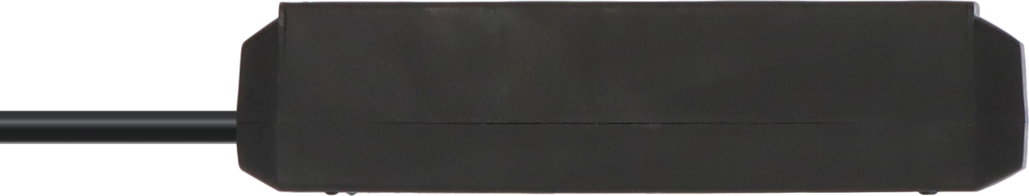 Ein schwarzes Kabel führt zu einem schwarzen rechteckigen Stecker mit abgerundeten Ecken.