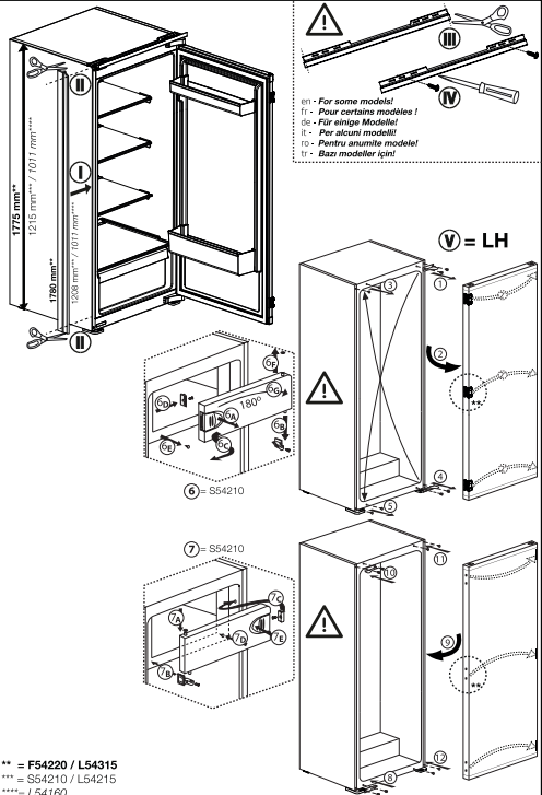 Dibujo técnico de un refrigerador con dimensiones e instrucciones de montaje.