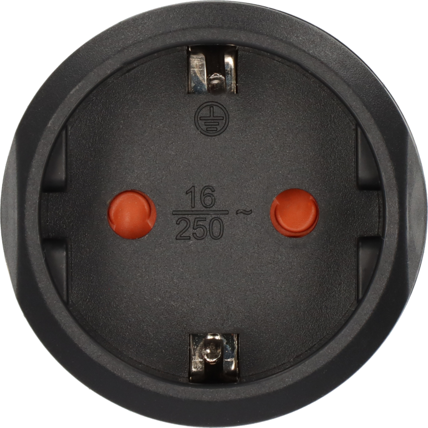Schwarze Steckdose mit Erdungssymbol und 16A 250V.