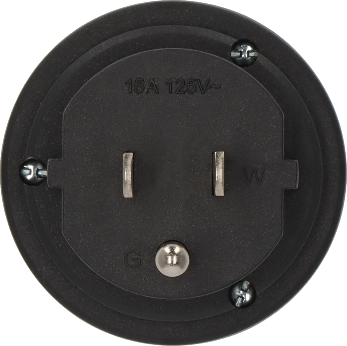 Schwarzer Stecker mit 2 Pins, Erdung und Beschriftung 15A 125V.