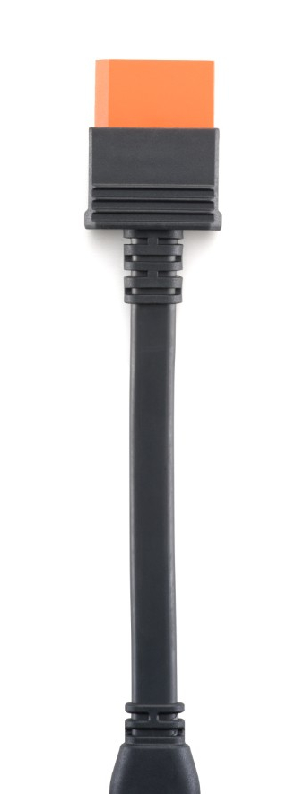 Czarny kabel z pomarańczowym złączem na górze.