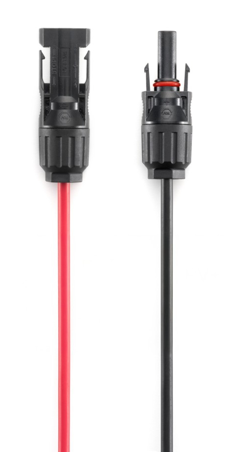 Dwa czarne złącza solarne z czerwonym i czarnym kablem na białym tle.