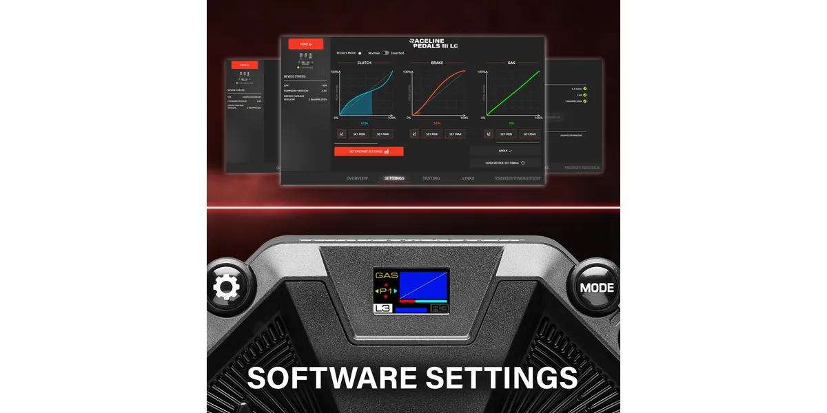 Software-Einstellungen für Rennpedale mit Diagrammen und einem kleinen Bildschirm.