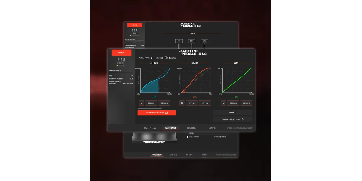 Software-Oberfläche für Racing Pedals mit Graphen für Kupplung, Bremse und Gas.