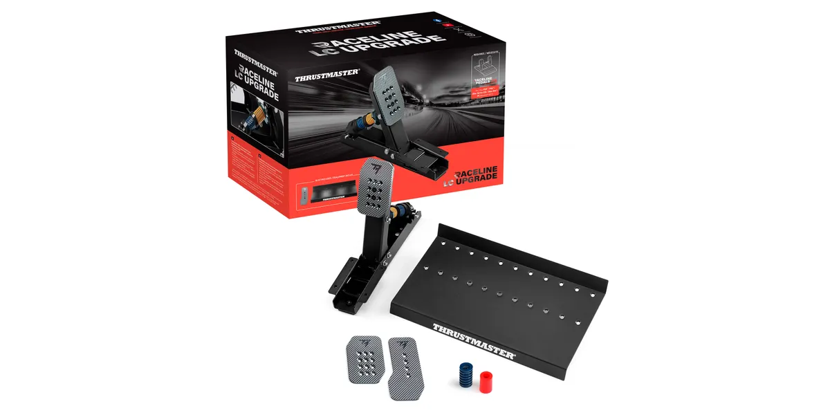 Thrustmaster Rennpedale mit Zubehör: eine Box, Pedale, eine Montageplatte und Federn.