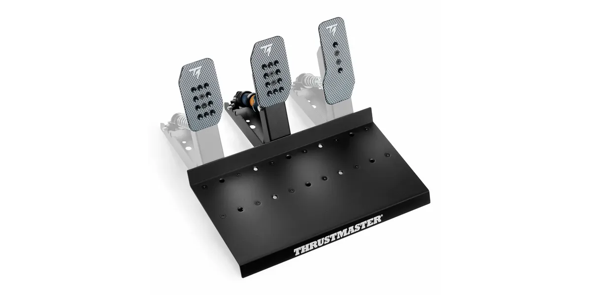 Schwarze Pedale mit silbernen Oberflächen auf einer schwarzen Basisplatte mit Thrustmaster-Logo.