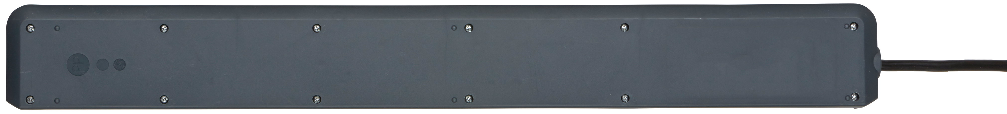 Grauer Steckerleistenblock mit sichtbaren Schrauben und schwarzem Kabel.