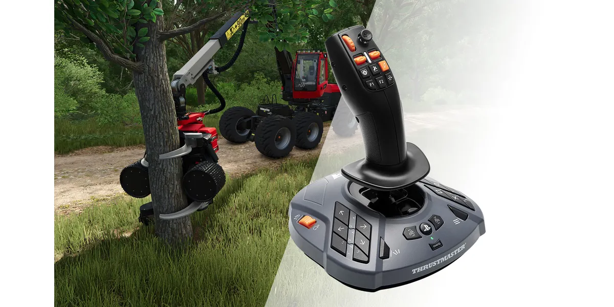 Ein Holzernter greift einen Baum, daneben ein schwarzer Joystick mit Tasten.