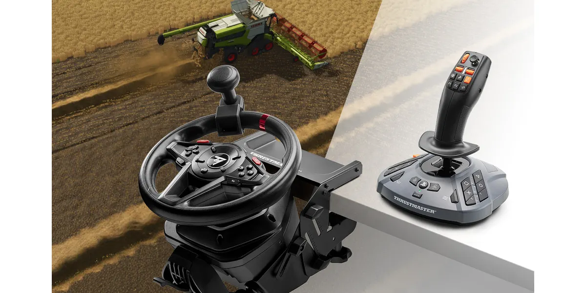Ein Lenkrad und ein Joystick für Landwirtschaftssimulatoren.