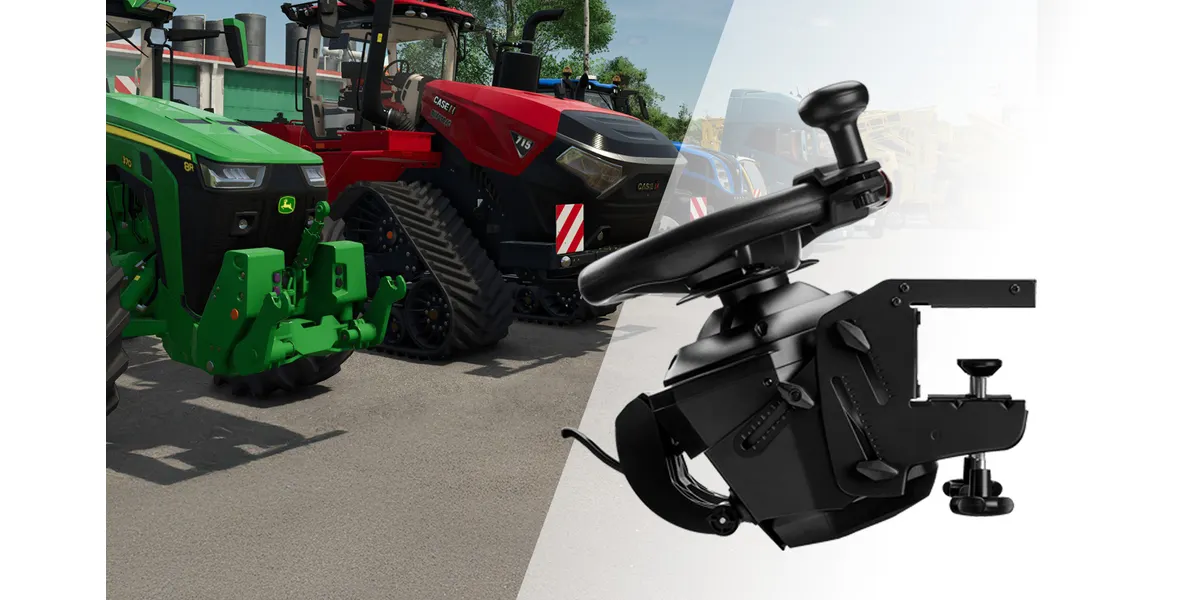 Ein grüner und ein roter Traktor stehen nebeneinander. Ein schwarzes Lenkrad-Zubehör ist rechts.