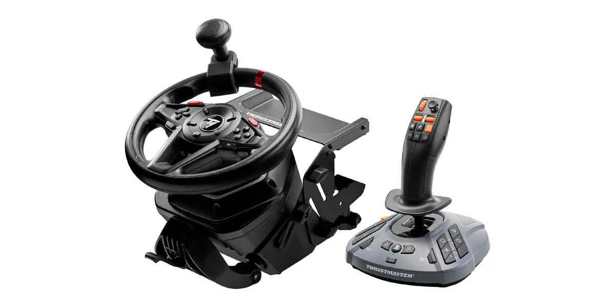 Ein schwarzer Gaming-Lenkrad und ein schwarzer Joystick mit grauer Basis.