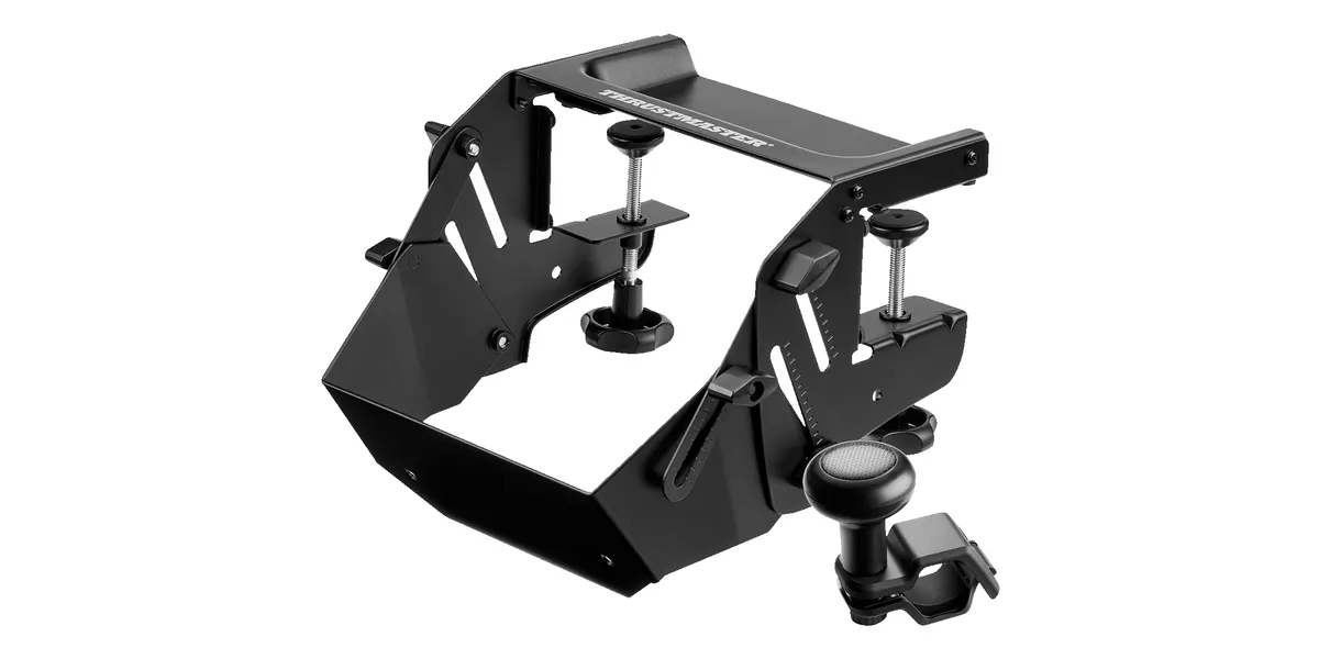 Schwarzer, verstellbarer Lenkradhalter mit Klemmen und Schrauben.
