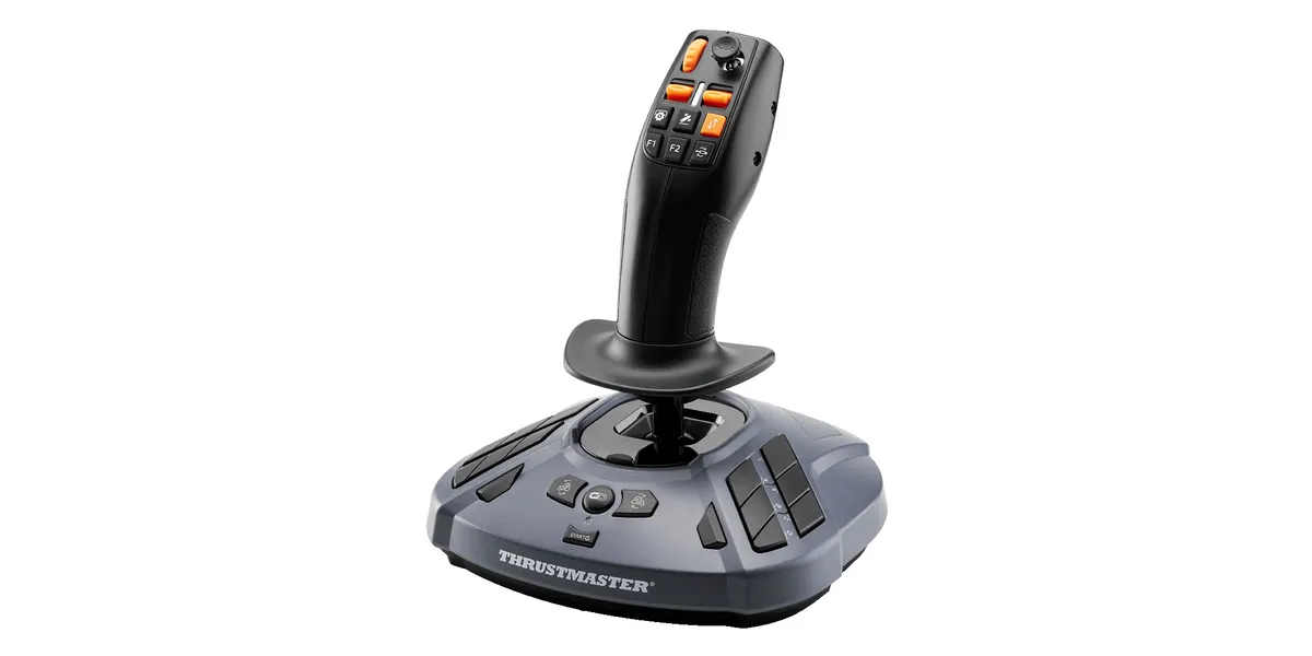 Ein schwarzer und grauer Joystick mit vielen Knöpfen und einem abgerundeten Sockel.