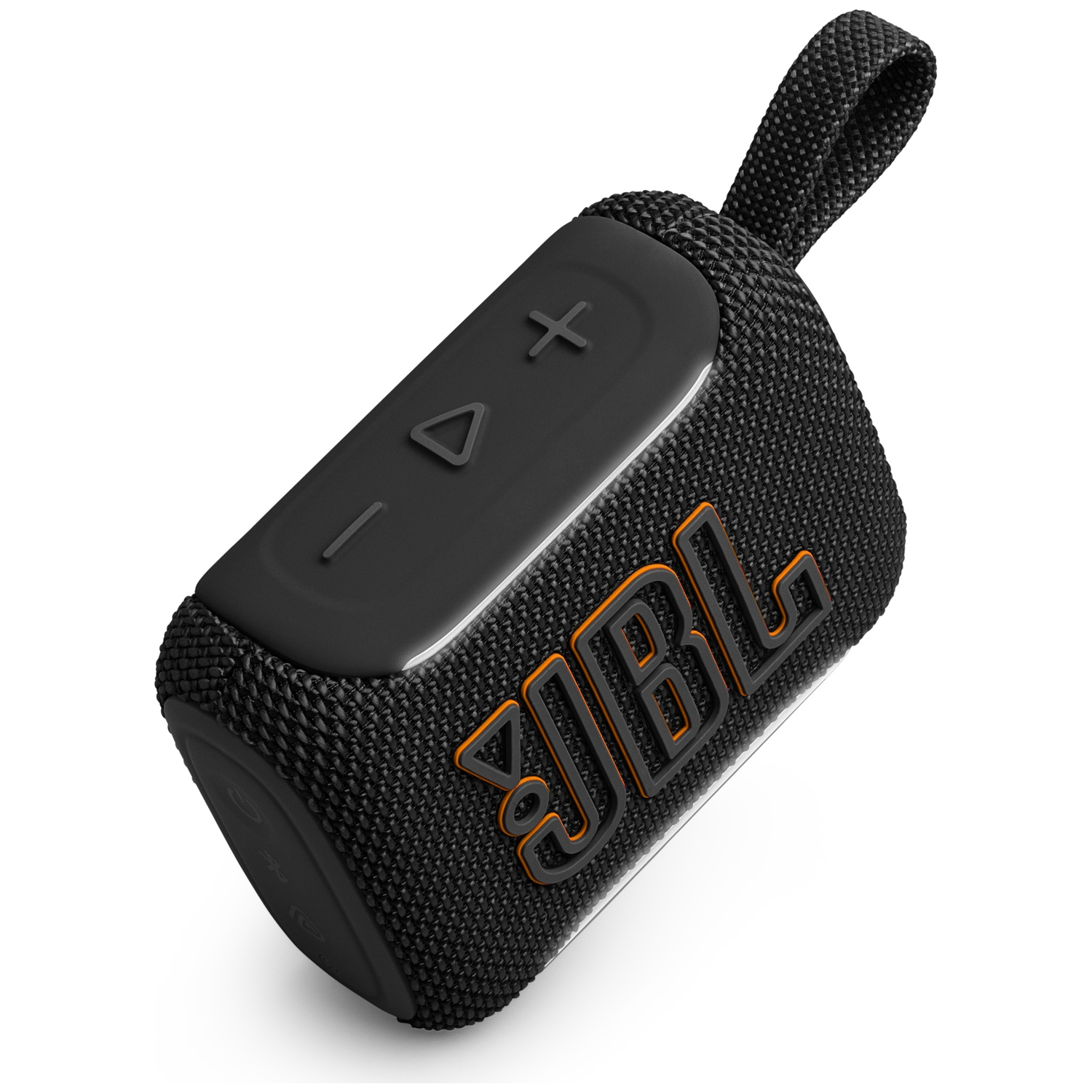 Black JBL speaker with orange logo and carrying strap.