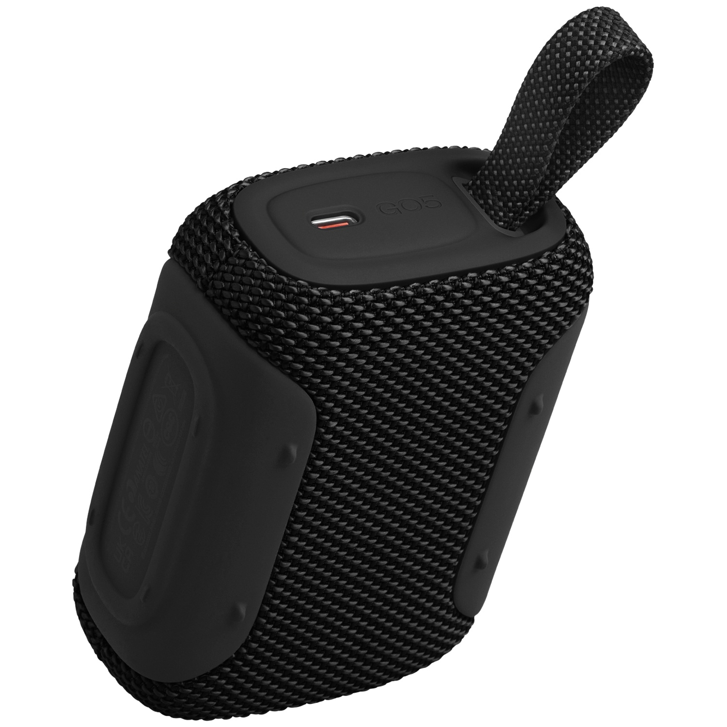 Black Bluetooth speaker with a fabric texture, a carry loop, and USB-C.