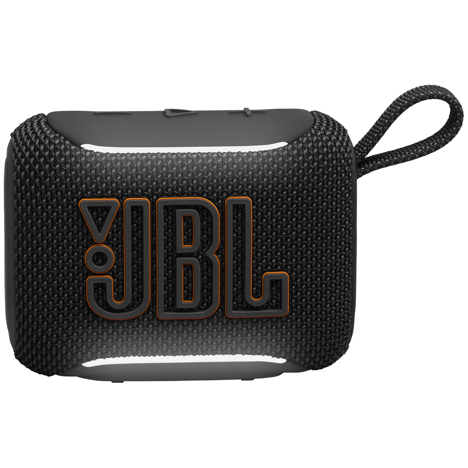 Black JBL Go 3 speaker with orange logo and carrying strap.