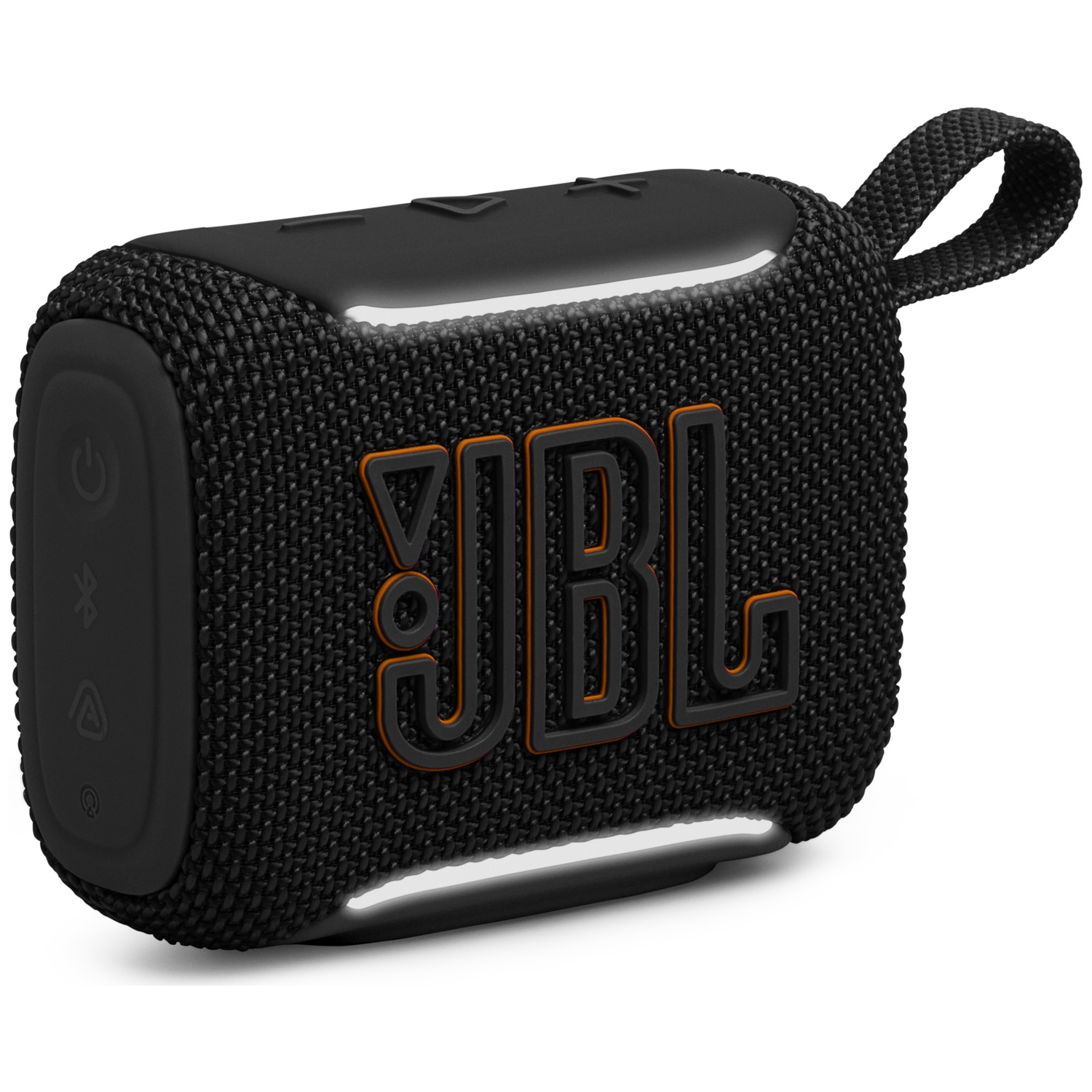Black JBL portable speaker with orange JBL logo and a loop.