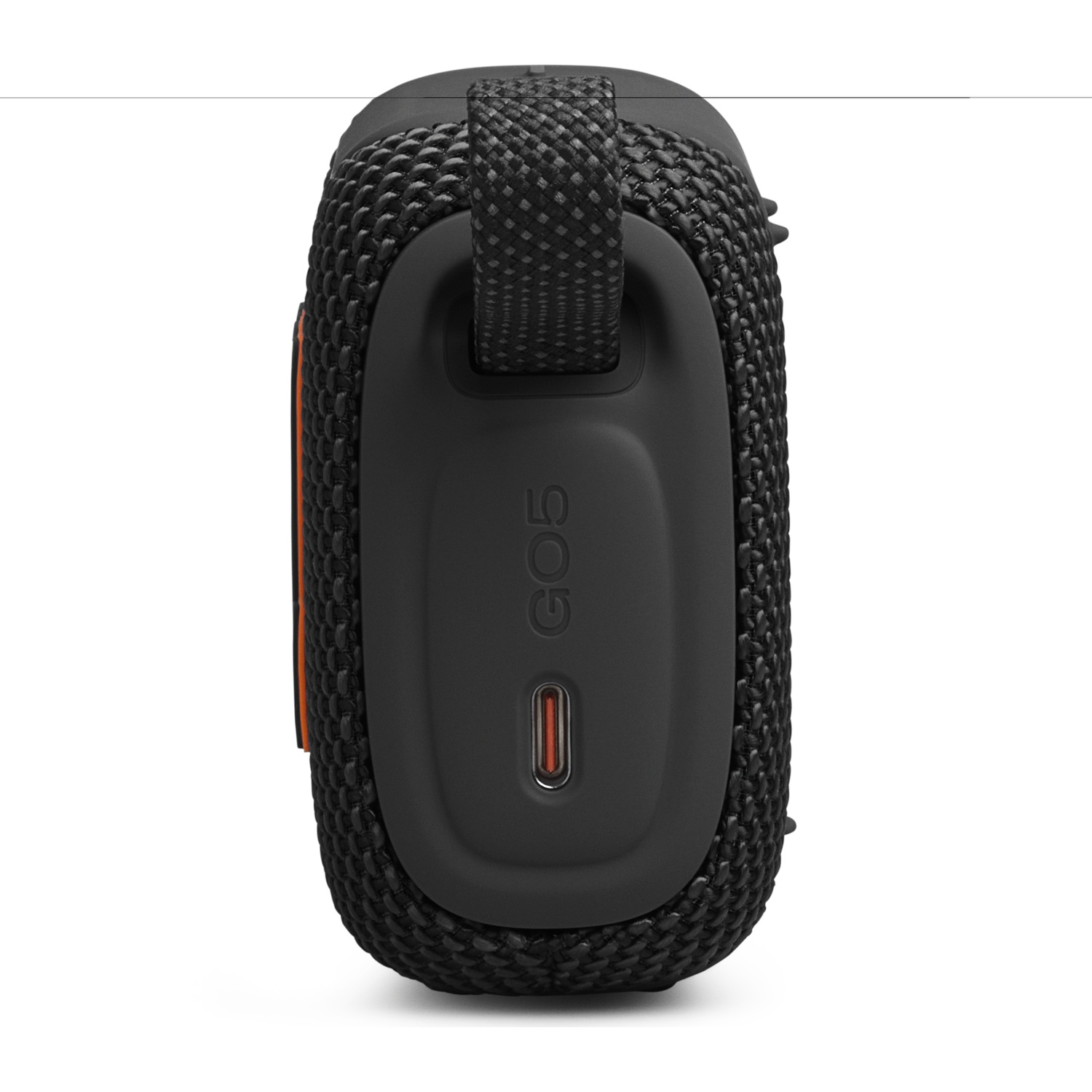 Black portable speaker with orange accents and a USB-C port.