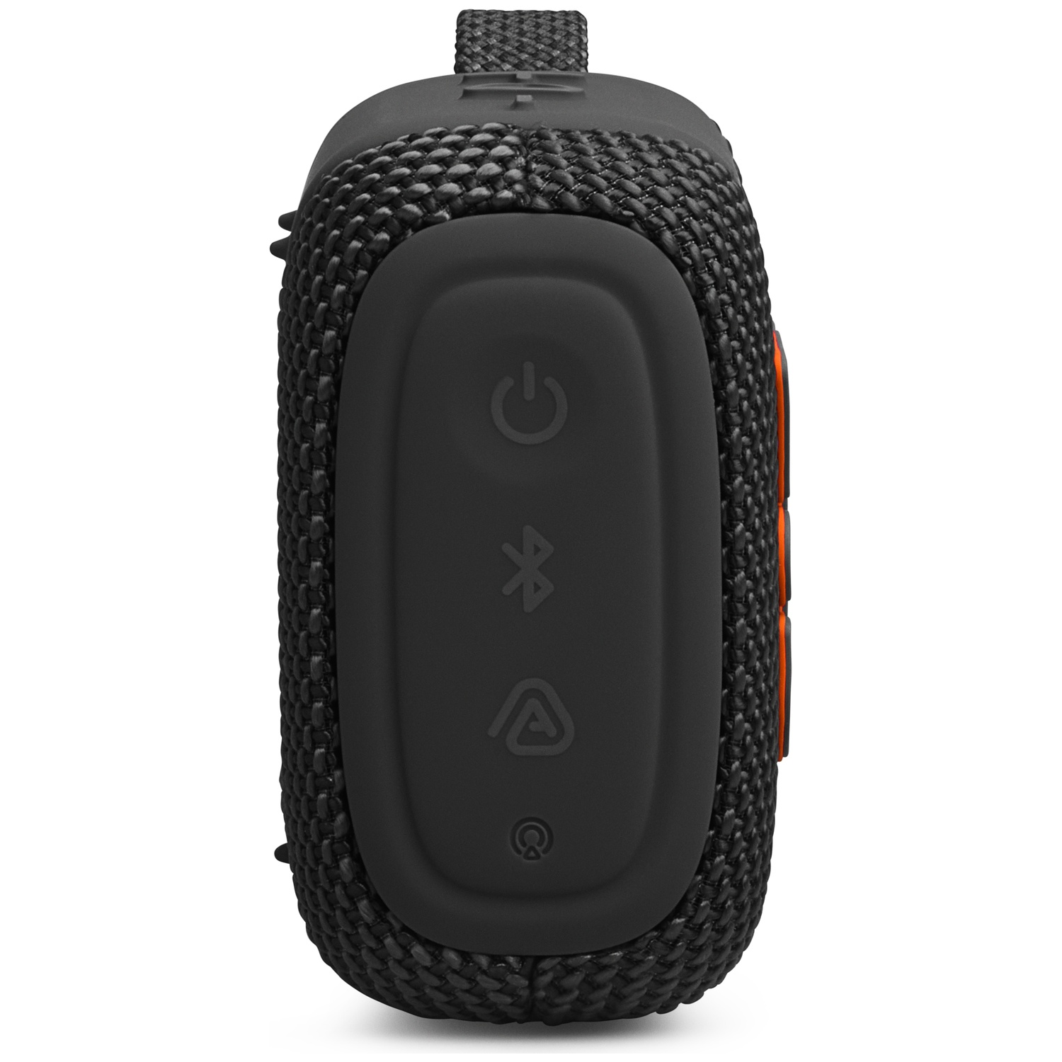 Black Bluetooth speaker with power, Bluetooth, and battery icons.