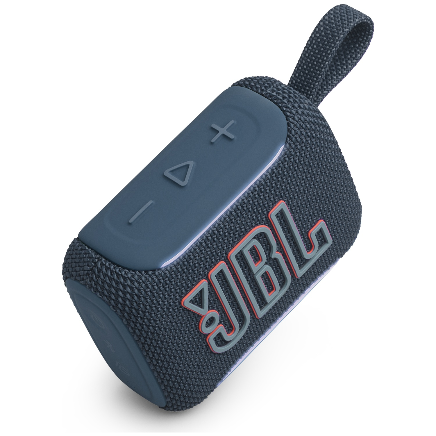 Dark blue JBL speaker with a carry strap and control buttons.