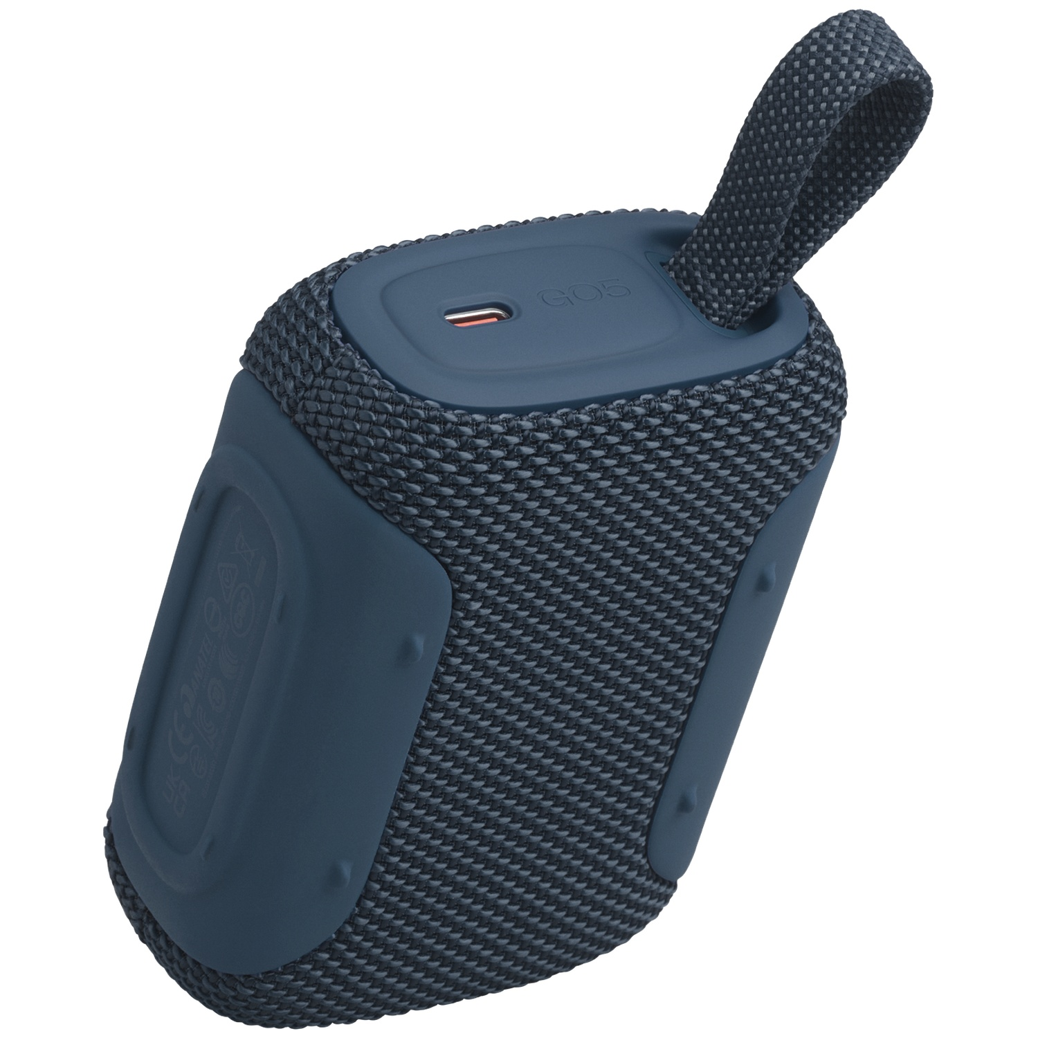 A blue portable speaker with a fabric grille and rubber sides.
