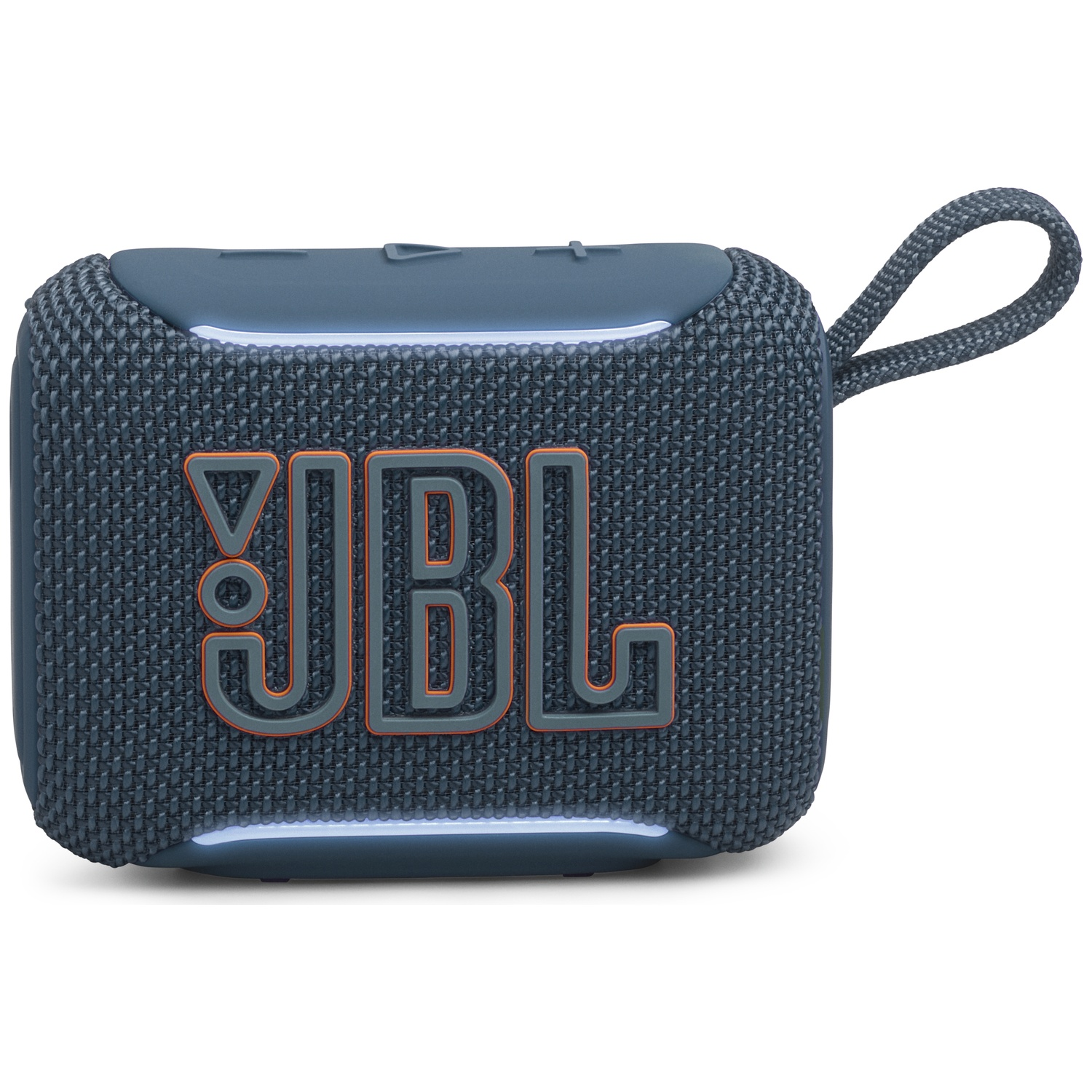A blue JBL speaker with an orange logo and a carrying loop.