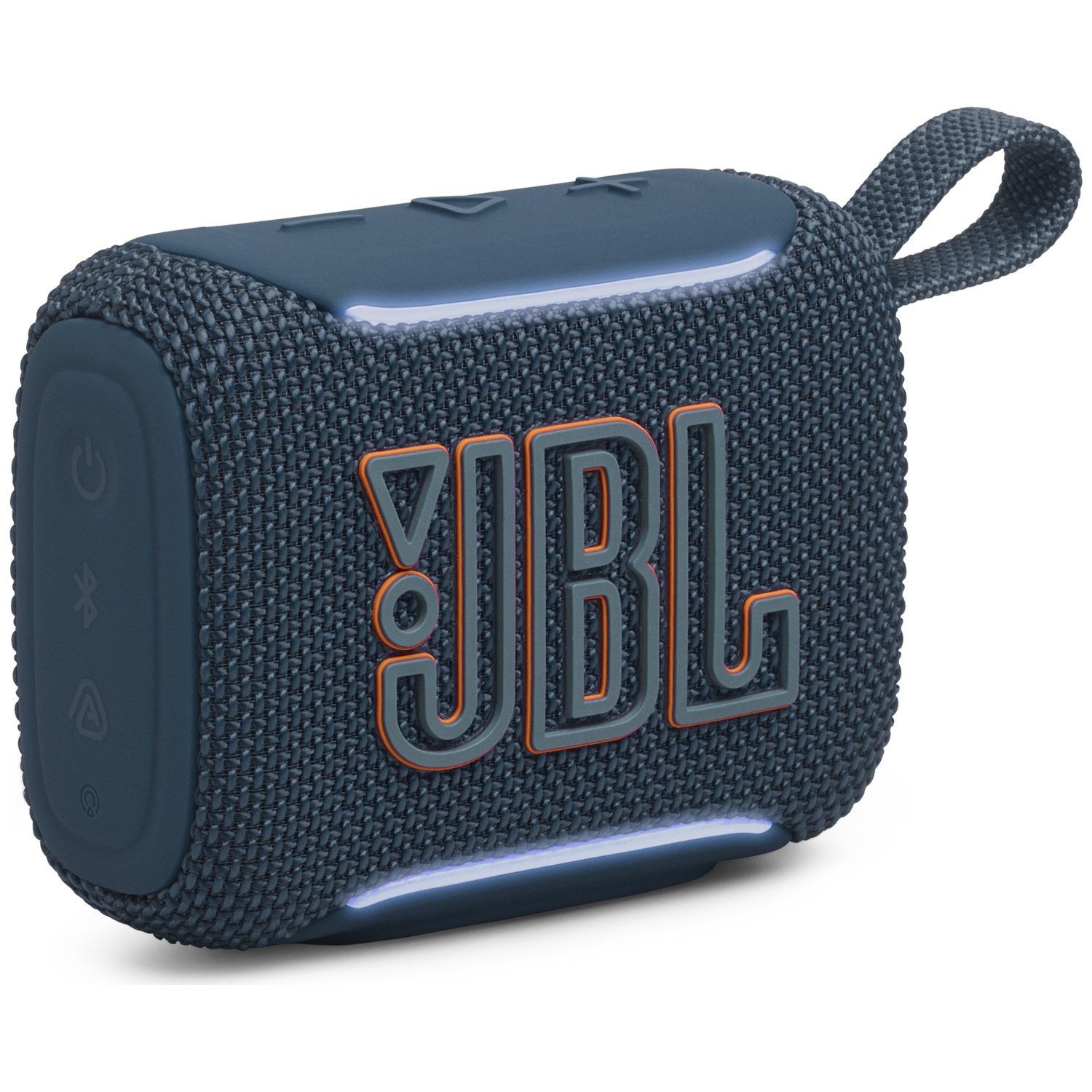 A blue JBL speaker with an orange logo and charging port.