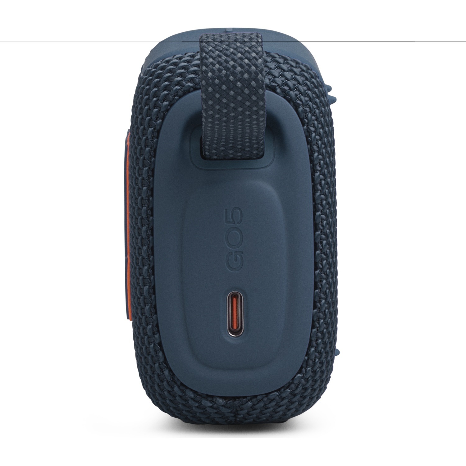 A blue portable speaker with a red USB-C port and a carrying strap.