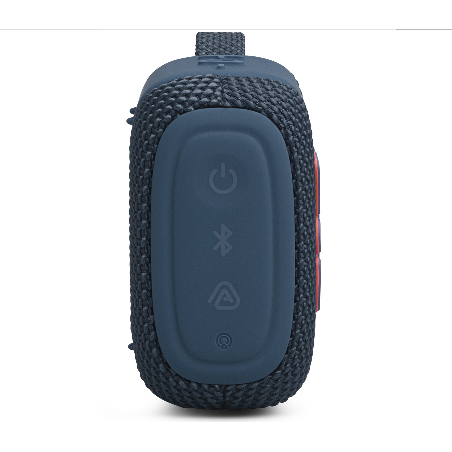 Dark blue speaker with power, Bluetooth, and battery icons on its side.
